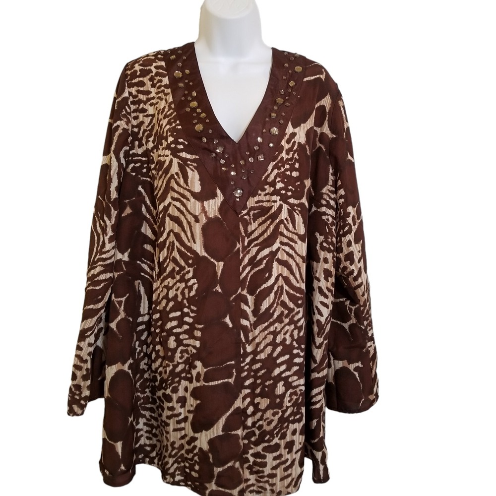 Womens Blouse Top Size 2X Brown Animal Print Long Sleeve Polyester Rhinestone